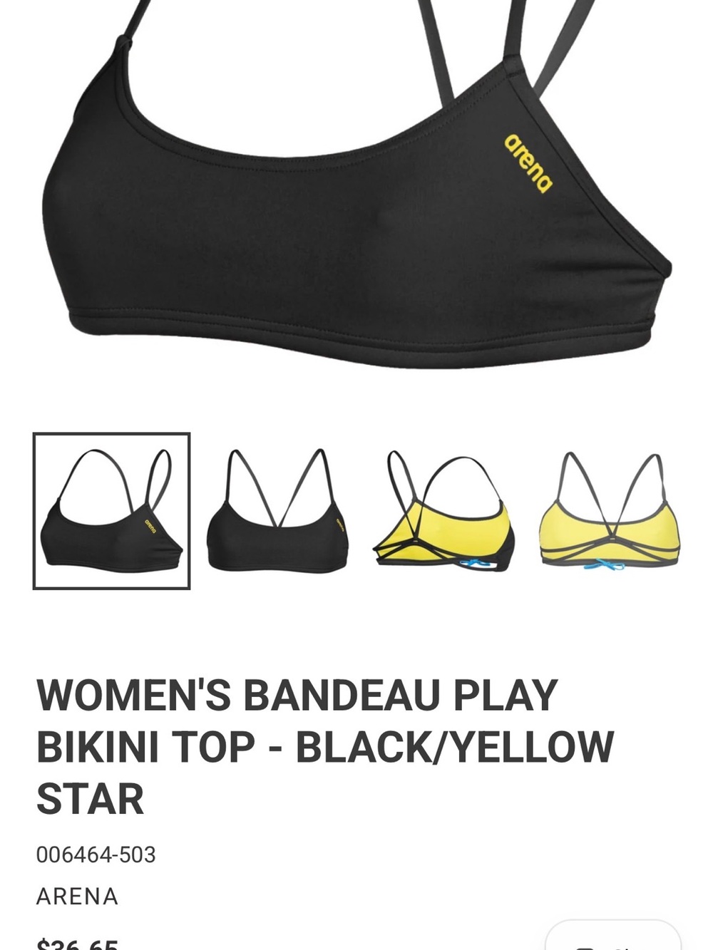 Arena Women's Black Bandeau Play Bikini Top S and Bikini M with Yellow Logo